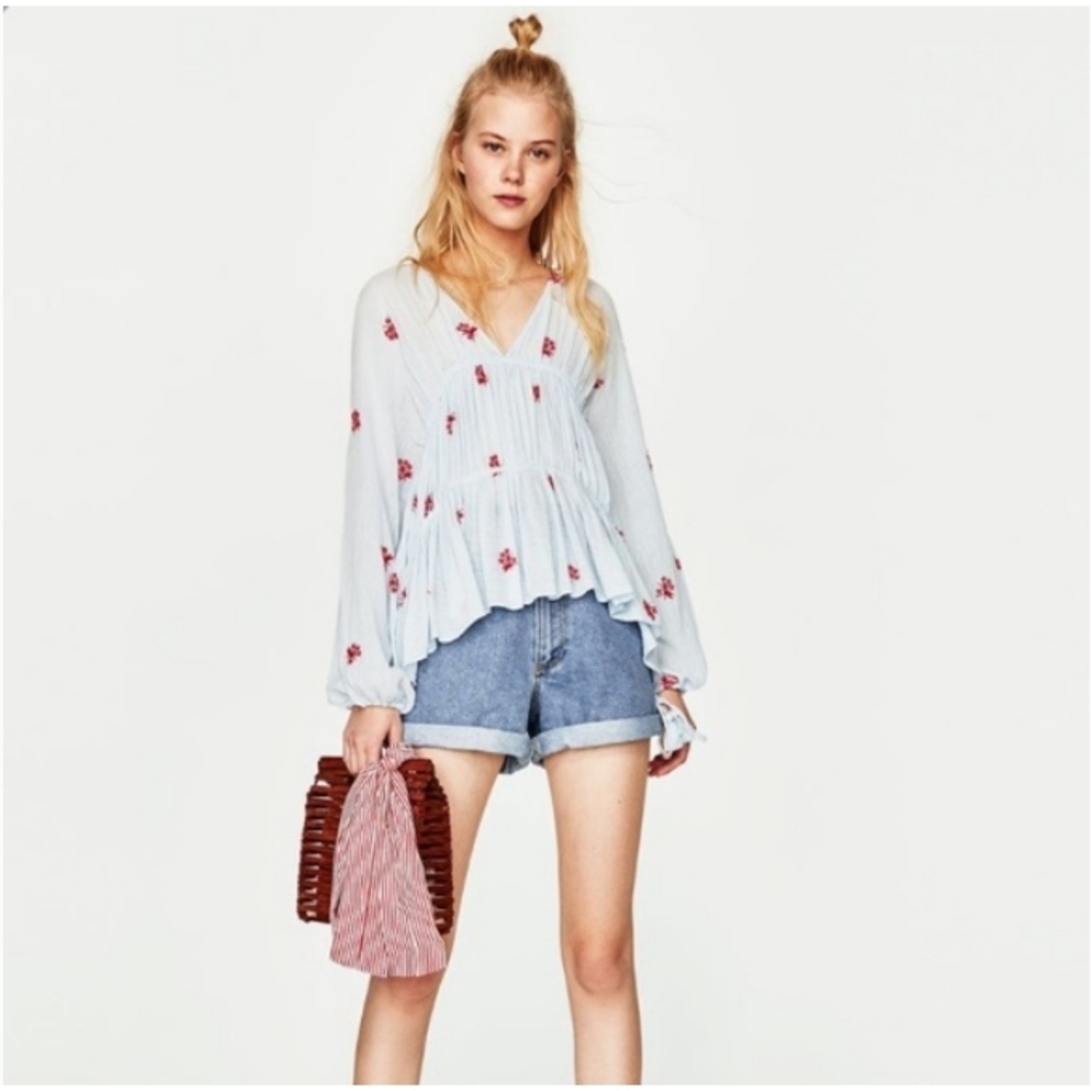 ZARA // boho-chic flowy plunge embroidered gauze-like relaxed peplum top